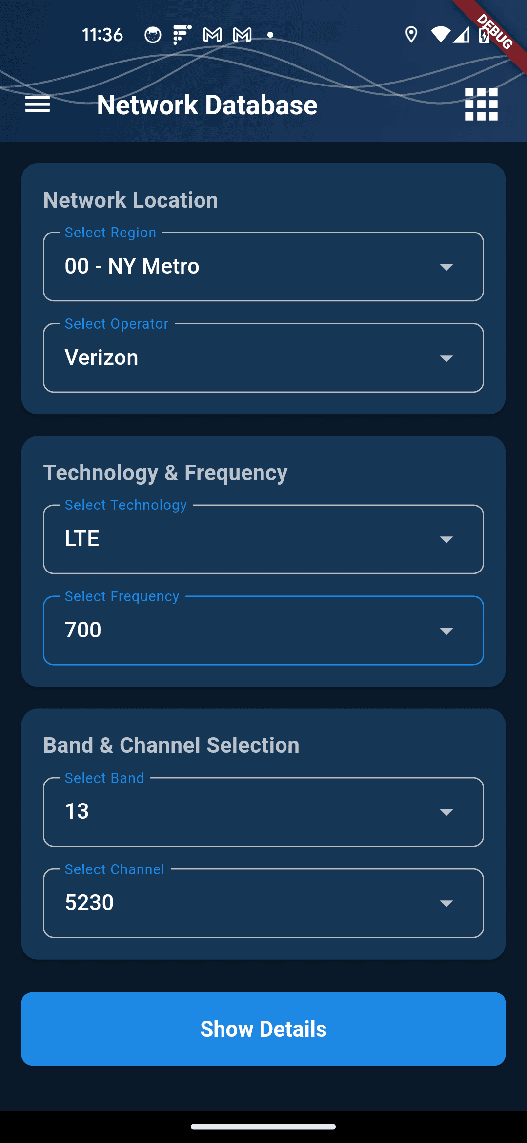 Network database view showing cell tower data